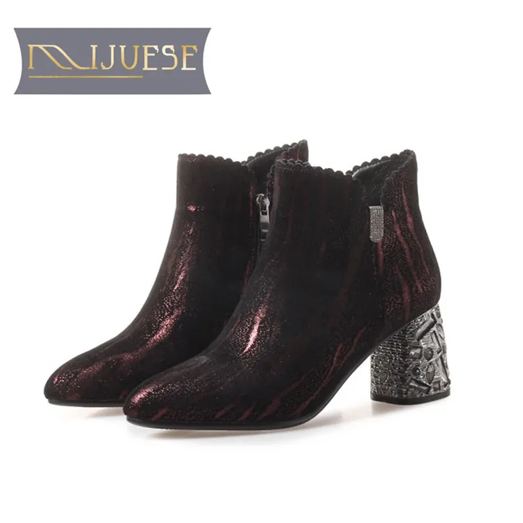 

MLJUESE 2019 women ankle boots Sheepskin zippers mixed colors crystal heel high heels boots winter short plush warm boots