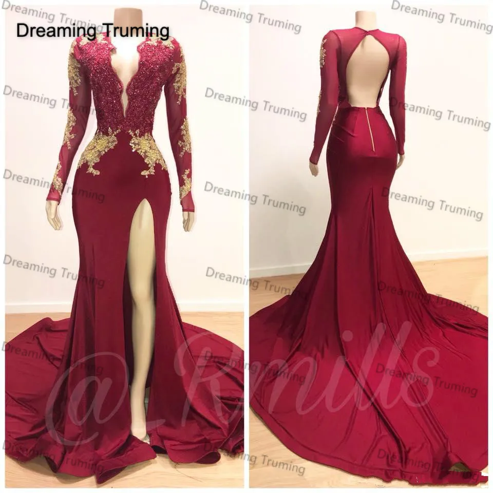 

Sexy Backless V-neck Long Sleeve Prom Dresses 2019 Gold Lace Appliques High Slit Celebrity Evening Gowns Sweep Train