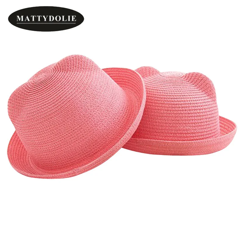 

MATTYDOLIE Wholesale child girl straw hat summer hat pure color beach outdoor sun hat cute cat ears decorated hat