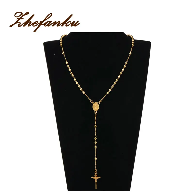 

Gold Color Tone Stainless Steel Bead Chain Jesus Christ Cross Pendant Rosary Necklace Mens Womens Jewelry NL1934