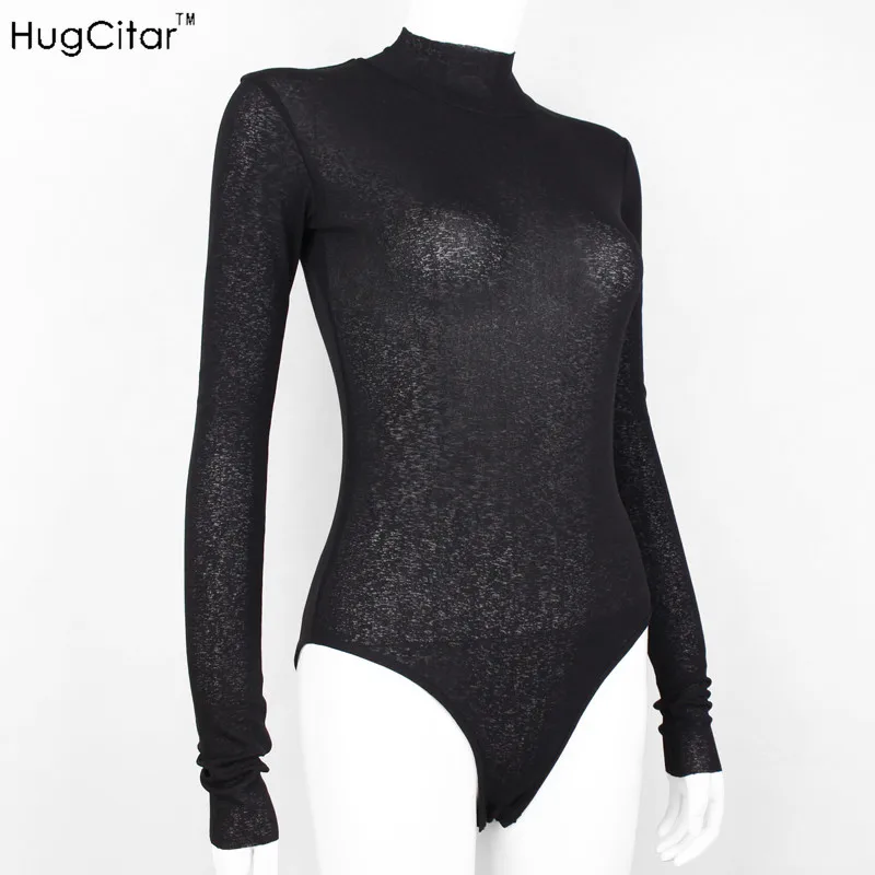 Hugcitar black solid see through mesh body suit 2019 Women Sexy Mock Neck Long Sleeve skinny Bodysuit female slim fit clothes