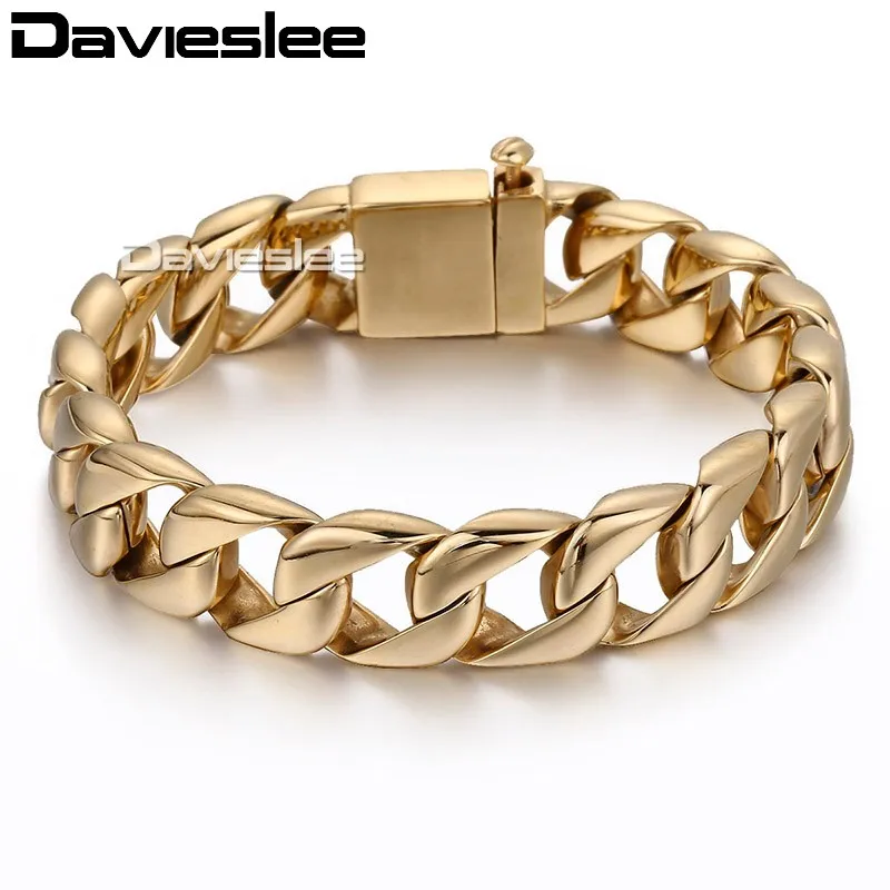 

15mm Smooth Curb Link Gold Tone Men Chain Boy 316L Stainless Steel Bracelet Demon Clasp Customized Wholesale Gift Jewelry LHB322