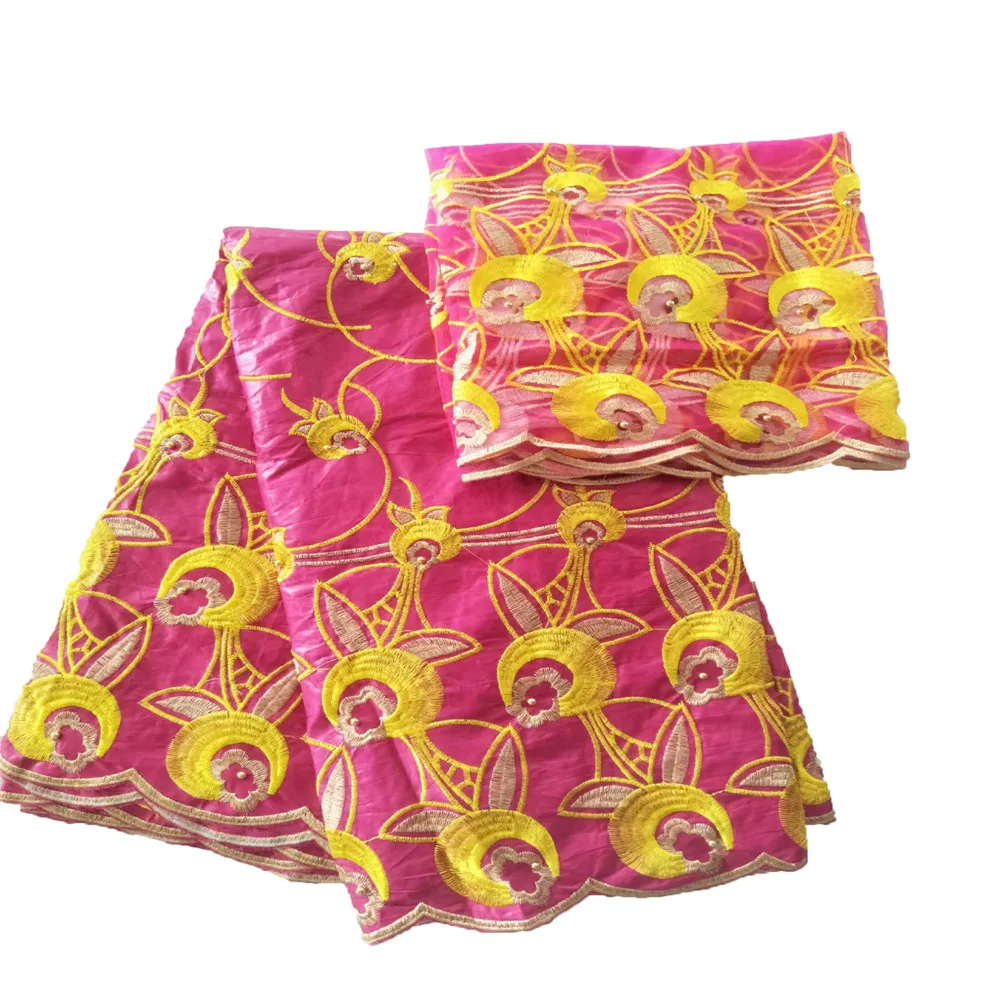 

High Quality Embroidery Cotton Nigeria Lace 7 Yards Beaded African Bazin Riche Fabric For Party Dress L33-3