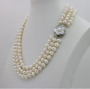 

Fashion Charming 3 Row 7-8MM White Freshwater Pearl Necklace Chain Floral Buttons Women Girl Banquet 17-19Inch>>> Free shipping