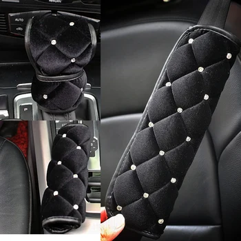 

Cute Soft Plush Car Sefety Seat Belt Cover Shoulder Pad Crystal HandBrake Gear Shifter Cover Car Styling Interior Accessories