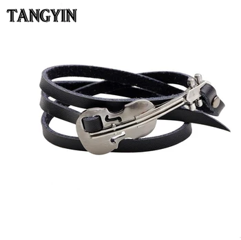 

TANGYIN New Fashion Alloy Guitar Real Leather Jewelry Punk Multi-layer Bracelet Street Men And Women Music Lovers The Best Gift