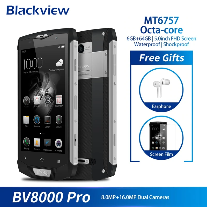 Blackview BV8000 Pro 4G Smartphone Android 7.0 Octa Core 6GB+64GB Fingerprint 5 Inch FHD IP68 Waterproof Mobile Phone 16.0MP NFC