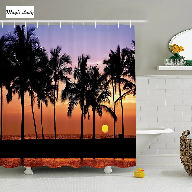 Shower Curtain Tree Bathroom Accessories Sunset Sea Palm Evening