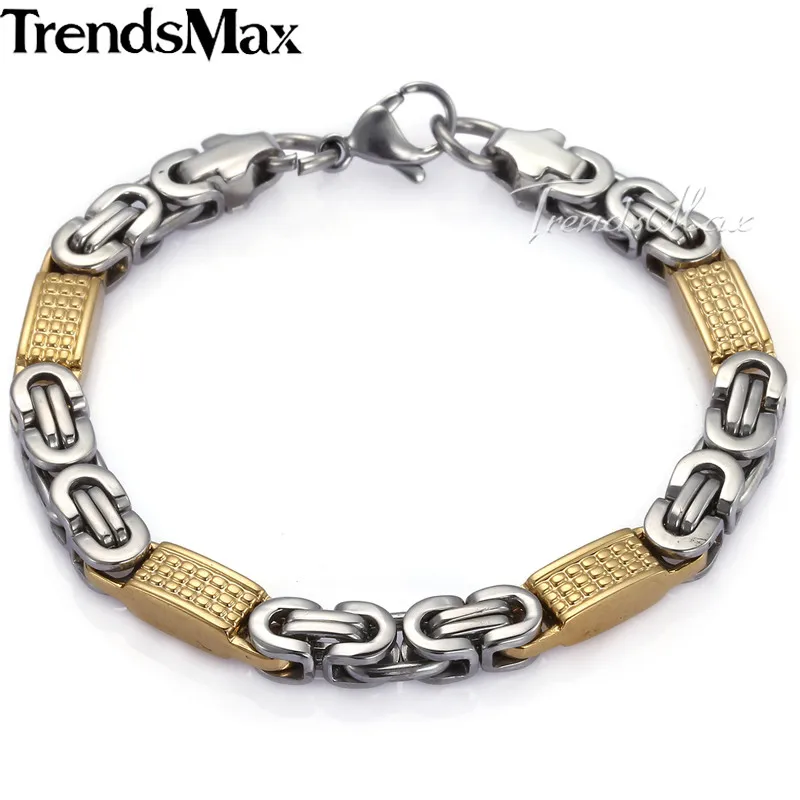 Trendsmax JEWELRY SET 8mm Mens Chain Necklace Silver Gold Tone Flat Byzantine Link Stainless Steel Necklace Bracelet Set KS167