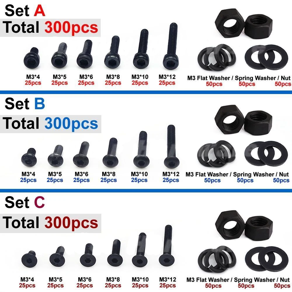 

High quality 300pcs M3 Black Alloy Steel Screws Bolts With Hex Nuts Washers Kit
