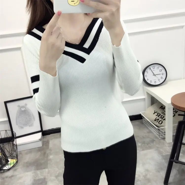 New Autumn Winter Woman's Sweater Bottoming Pullovers Slim Sweaters V Neck Sexy Long Sleeves Sweaters Black white Striped