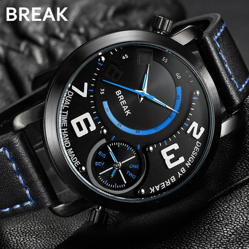 BREAK Мужские кварцевые наручные часы с двумя часовыми поясами, кожаный ремешок, Спортивные кварцевые стильные водонепроницаемые Модные наручные часы для мальчика