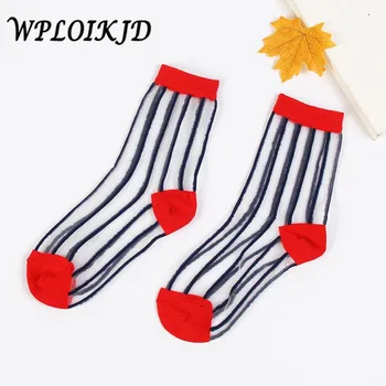 

[WPLOIKJD]Spring Summer New Product Absorb Sweat Transparent Crystal Silk Women Elastic Striped Socks Breathable Meias Sox