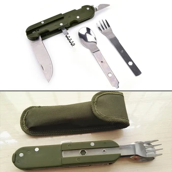 

2019 Hot Portable Steel Travel Kit Army Green Folding Camping Picnic Cutlery Knife Fork Spoon Bottle Opener Flatware Tableware