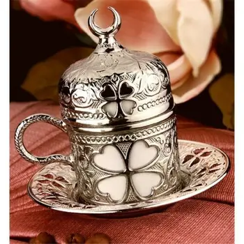 

Authentic Turkish Coffee Espresso Cup Saucer Porcelain Copper Cover Elder Flower
