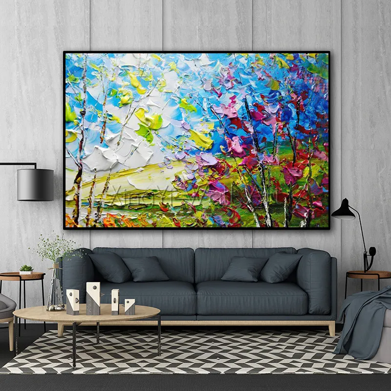 

Acrylic Landscape canvas painting wall art pictures for living room home wall decor knife goid trees thick texture quadro caudro