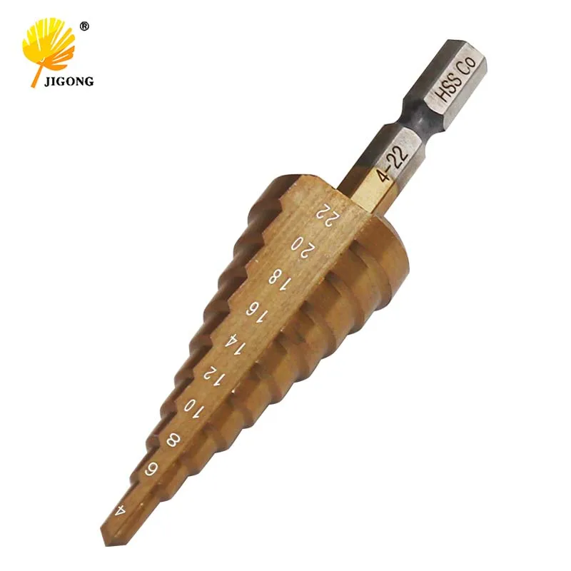 

HSS M2/6542 Hexagon handle 6.35mm 1/4 Titanium Coated Step Drill Bit Cutting Tools Smoother 4-22mm Drill Bit