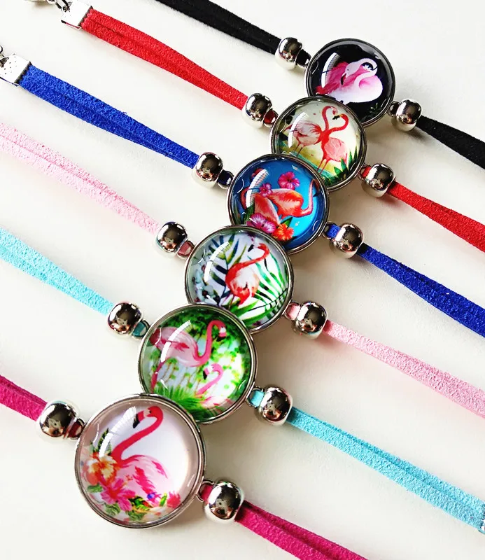 

Jiangzimei 24pcs/lot Flamingos Unicorn Bracelet Handmade Leather Charm Bracelets For girl