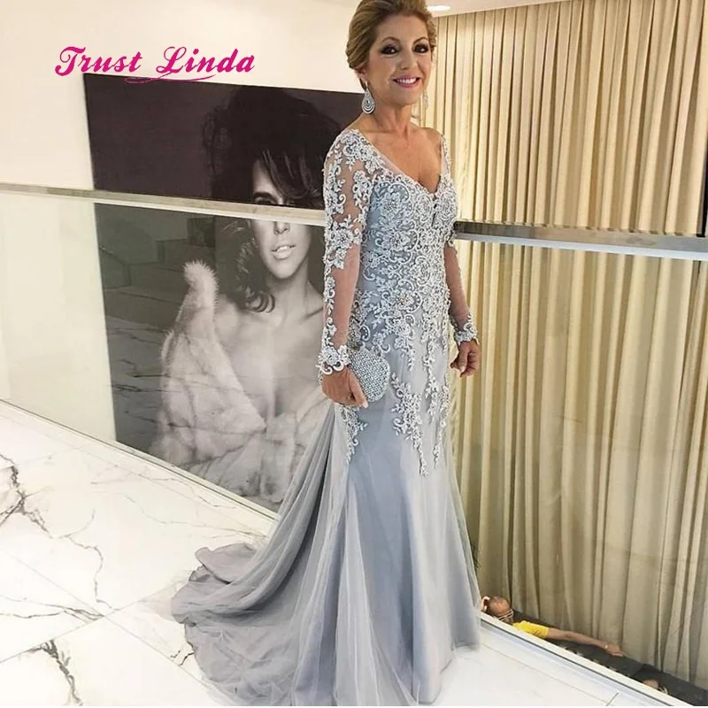 

Long Sleeves Mother Of The Bride Dresses Plus Size V Neck Mother Of Bride Wedding Party Dress Robes De Bal Mariage