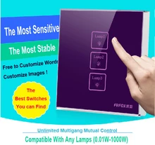 Wallpad 3 gangs 2 way Waterproof Glass Purple touch light wall switch,Free Customize LED Indicator smart switch,Free Shipping