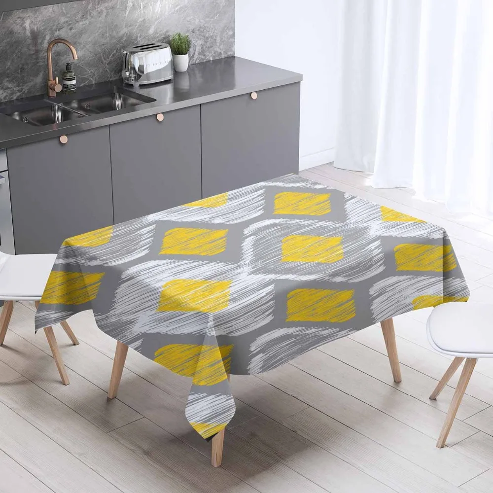 

Else Yellow Gray Nordec Geometric Tiles Lines 3d Print Washable Thicken Cotton Cloth Rectangular Square Kitchen Tablecloth