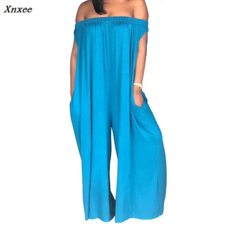 2018 Women Sexy Summer Off The Shoulder Loose Pockets Jumpsuit Playsuit Wide Leg Rompers Long Pants Trousers Xnxee Jumpsuits and Playsuits
