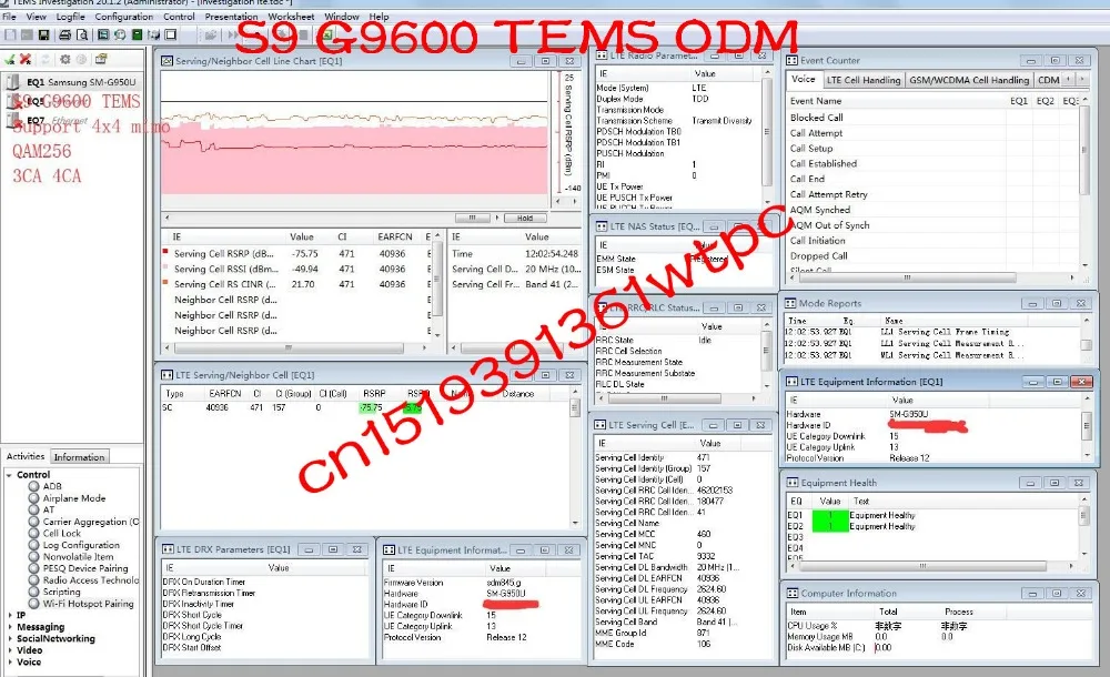 DHL+ S9 G9600 TEMS ODM+ VOLTE+ 4x4MIMO+ 256QAM+ 3CC+ 4CC+ 5CC тестирование