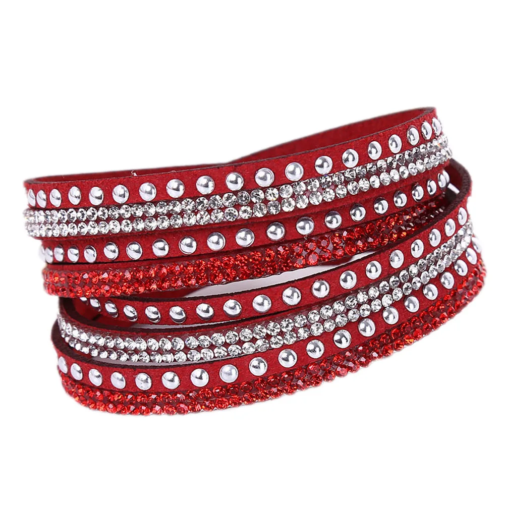 Горячая дрель браслет для девушки/женщины подарок ручной работы Бархатный браслет с bling Стразы обернуть кожаный браслет - Окраска металла: red