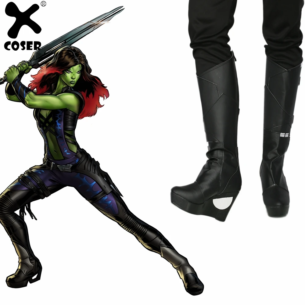 

XCOSER Gamora Cosplay Shoes Guardians of the Galaxy Black Wedge COS Costume Womens Mid-calf Boots With Zipper and Buckles Design