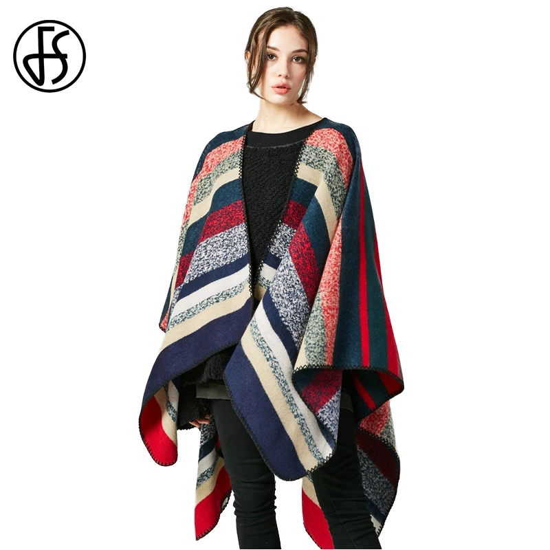 

FS Cashmere Scarf Women Color Striped Print Thicker Blanket Poncho Cape Reversible 2017 Winter Warm Wool Scarves Shawls Pashmina