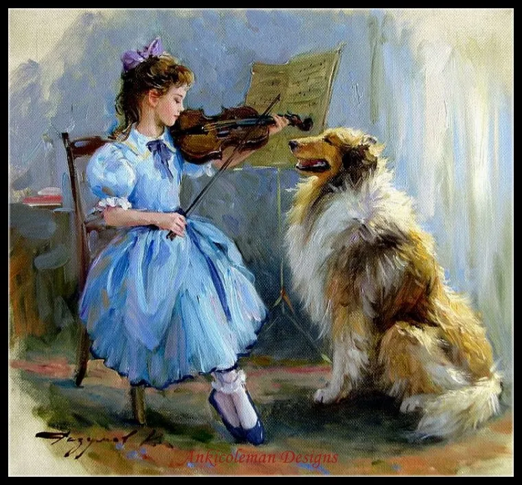 Counted Cross Stitch Kits Needlework Embroidery - 14 ct Aida DMC Color DIY Arts Handmade Home Decor Girl Playing Music | Дом и сад