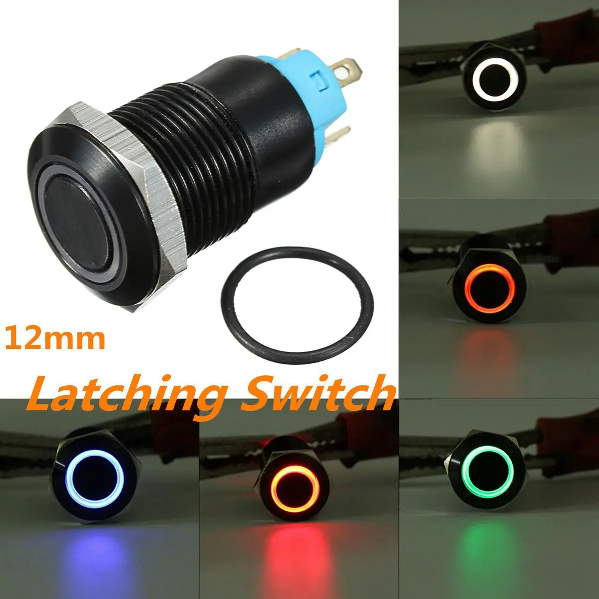 

12V 12mm Black Push Button Switch Self-locking 4 Pins Multicolor Ring LED