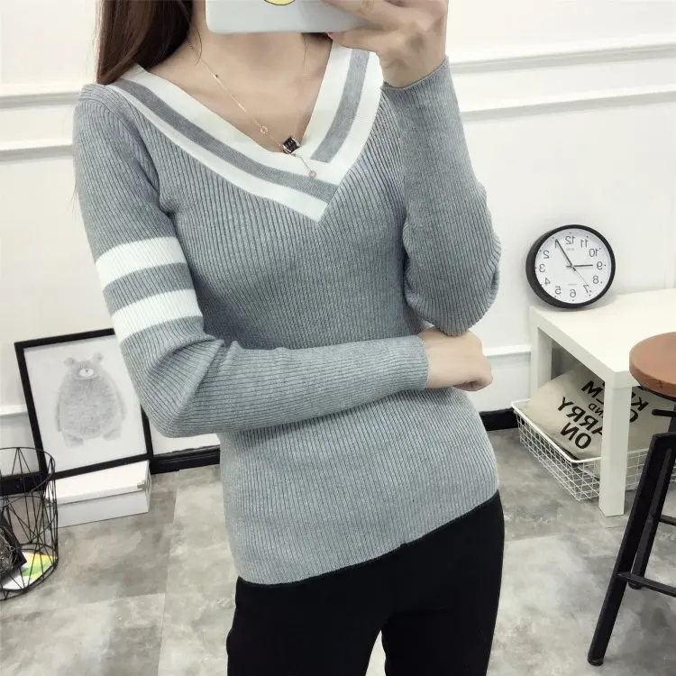 New Autumn Winter Woman's Sweater Bottoming Pullovers Slim Sweaters V Neck Sexy Long Sleeves Sweaters Black white Striped