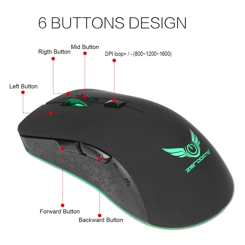 ZERODATE X90 Беспроводная игровая мышь 2400DPI 2 4 ГГц с 6 клавишами компьютерная 7 цветами