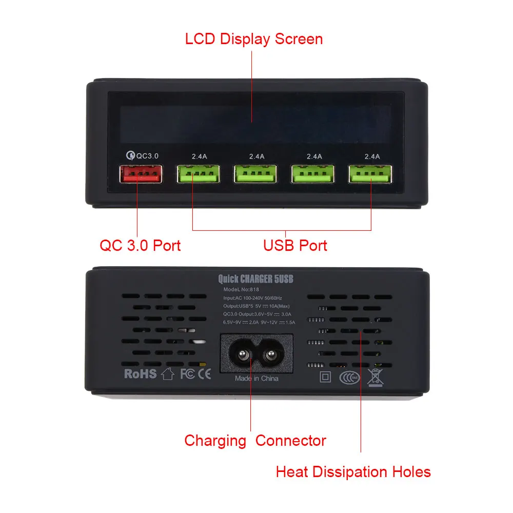 818 US Plug 5 USB выходов адаптер питания с 4 usb портами и быстрой зарядкой 3,0 USB порт Интеллектуальный ЖК-дисплей активированный аккумулятор