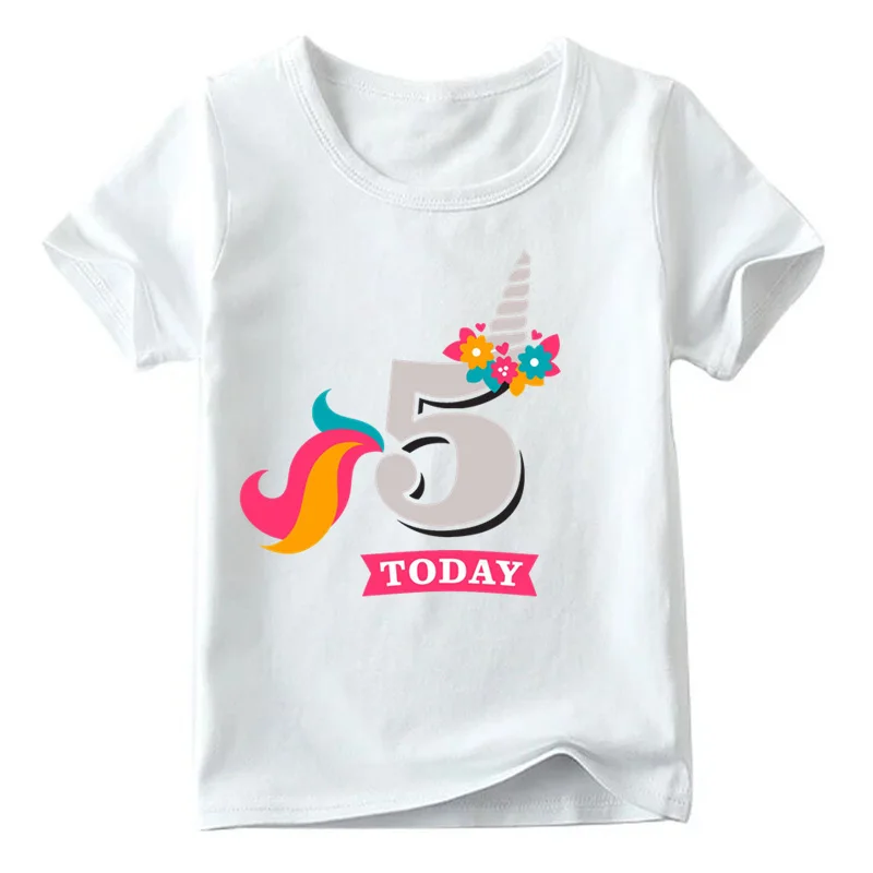 Футболка с принтом «Единорог» для девочек на день рождения, с цифрой 1-9, летняя белая футболка для малышей, милая детская одежда с цифрами 1-9 на день рождения, HKP2431