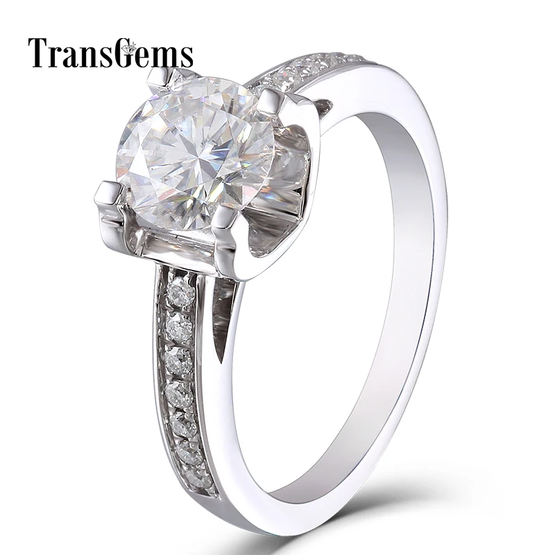 

Solid 14K 585 White Gold 1 Carat ct Diameter 6.5mm F Color Lab Grown Moissanite Diamond Engagement Ring With Moissanite Accents