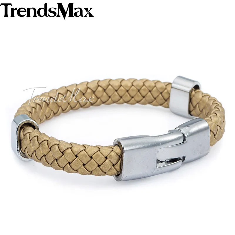 Trendsmax мужской s плетеный кожаный браслет ювелирные изделия из нержавеющей стали якорная Пряжка кожаные браслеты для мужчин и женщин 9 10 мм KLBM24 - Окраска металла: 9mm Gold