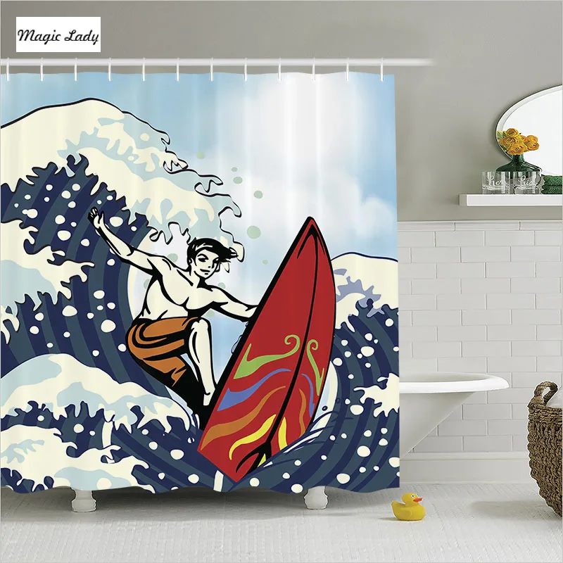 Shower Curtains Men Bathroom Accessories Surfing Wave Extreme Hawaii