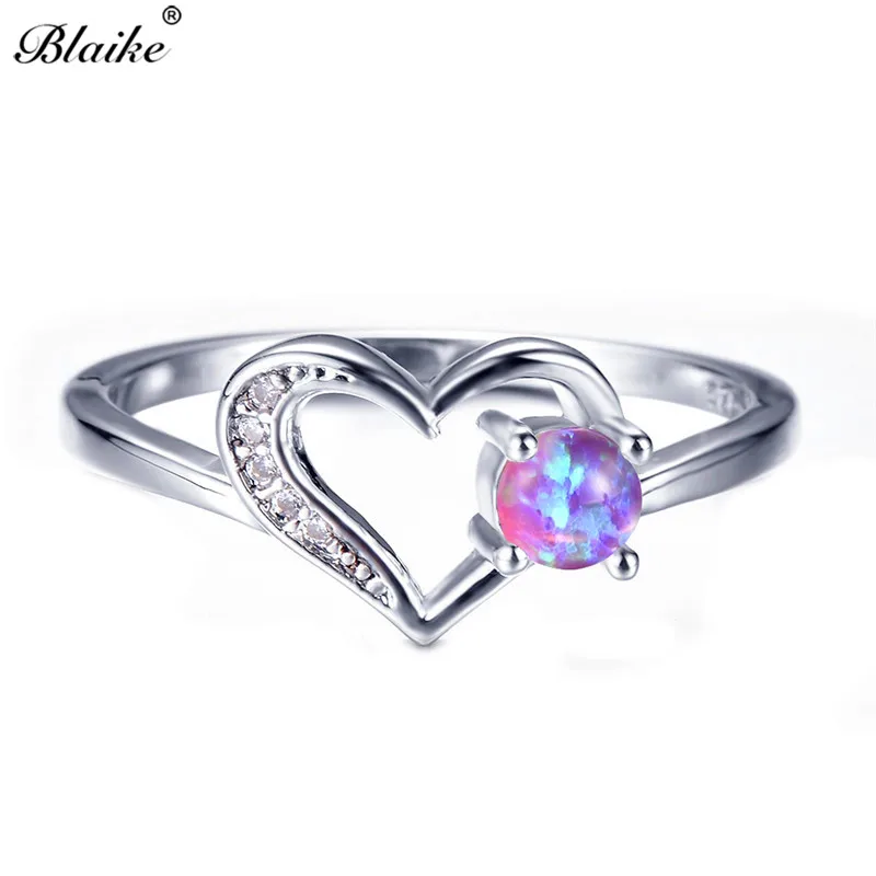 Purple Opal Ring Blaike 925 пробы серебро заполнены полые сердце кольца для Для женщин круглый белый/синий/фиолетовый/огненный опал камень кольцо обручение ювелирные изделия - Цвет основного камня: Purple Opal Ring