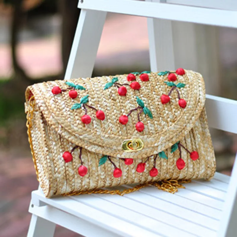 Women Clutch Bag Bohemian Cherry Female Summer Beach Straw Bags Lady Travel Shoulder Bag Handmade Knit Crossbody Bolsa SS3037 (2)