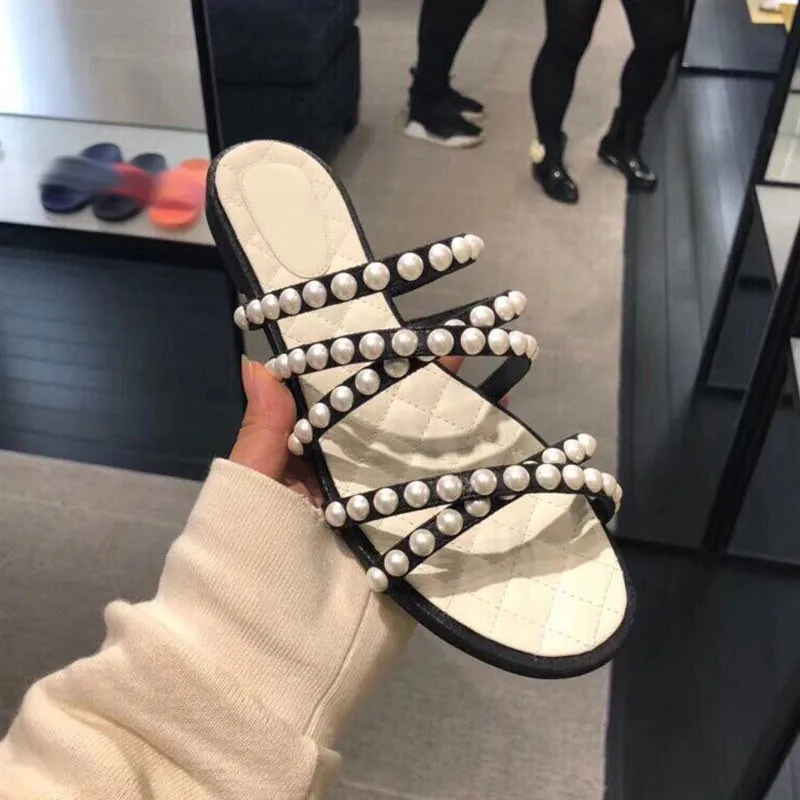 

Pearl Women Shoes Brand Summer Shoes High Heels Black Sexy Open Toes Wedding Shoes Woman Heels Cross Tied Slipper Outdoor Slides