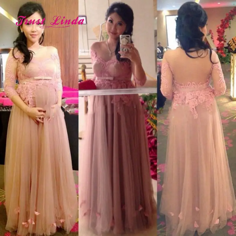 

Maternal Party Dresses Boat Neckline Empire Waist Half Sleeves Pink Wedding Party Dresses For Women Formal Dress