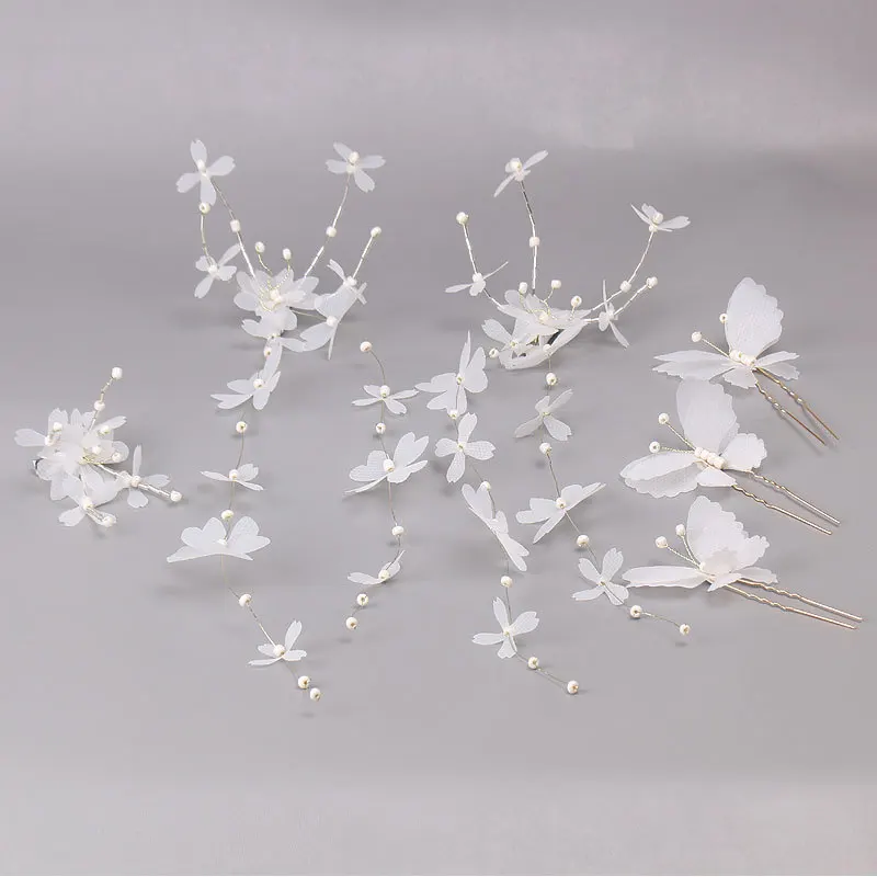 6 шт. головной убор невесты белые цветы ручной работы длинные уши висячие бабочки комплект заколок для волос корейский пляж свадебные украшения