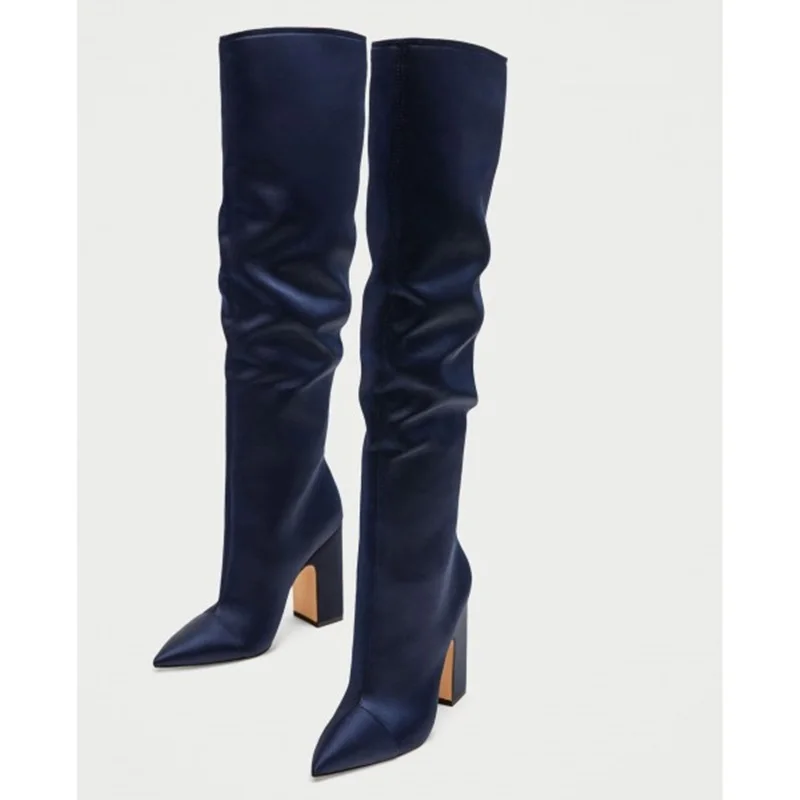 

2019 New Design Boots Women Navy Satin Chunky Heel Boots Lady Pointy Toe Over the Knee Boots Size 34-46