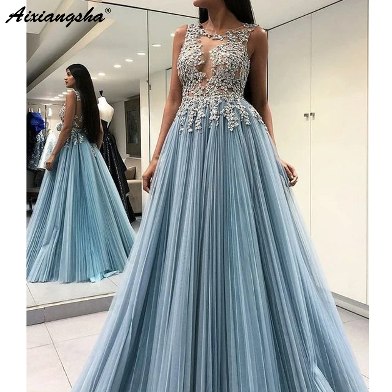 

Gorgeous A-Line Evening Party Pleat Chiffon Scoop Sky Blue Open Back Long Formal Prom Dress With Appliques Prom Gown 2019