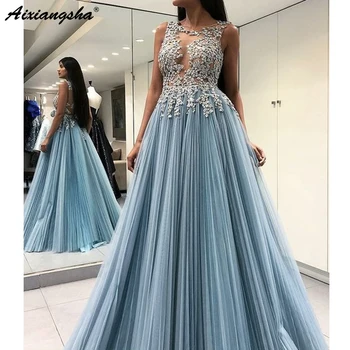 

Gorgeous A-Line Evening Party Pleat Chiffon Scoop Sky Blue Open Back Long Formal Prom Dress With Appliques Prom Gown