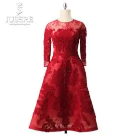 Элегантное Jusere ТРАПЕЦИЕВИДНОЕ бордовое индивидуальное платье с круглым вырезом три четверти с аппликацией расшитый кружевом длиной до колен платье для выпускного вечера Вечернее платье - Цвет: Burgundy
