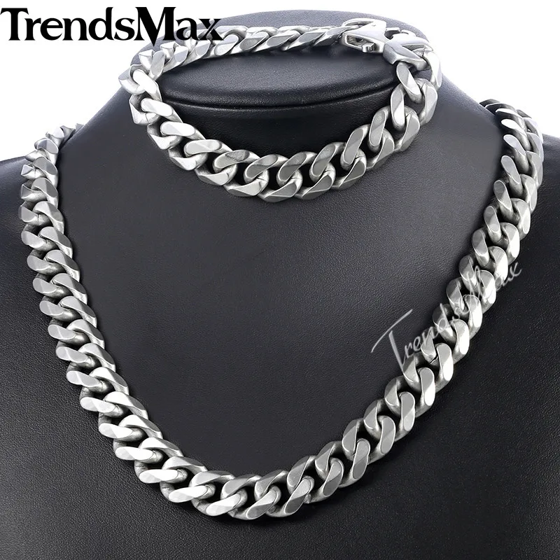 Trendsmax Matte Jewelry Set Mens Necklace Bracelet 316L Stainless Steel Chain Silver Tone Curb Cuban Link HS42