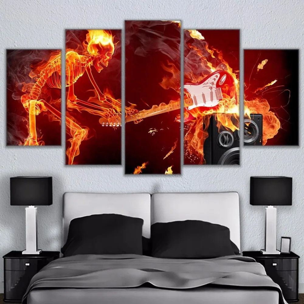 

Wall Modular Pictures For Living Room 5 Panel Flaming Skeleton Smashing Guitar Figure Decorative Frame HD Poster Canvas Painting